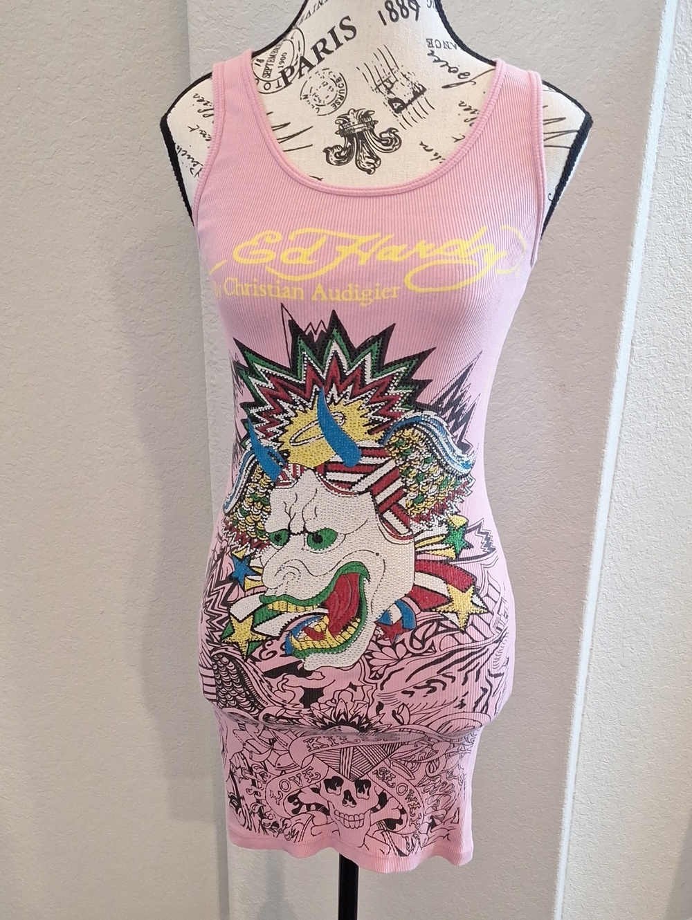 Vintage Y2k Ed Hardy Crystal Embellished Ribbed Mini Cotton Tank Dress Pink O/S